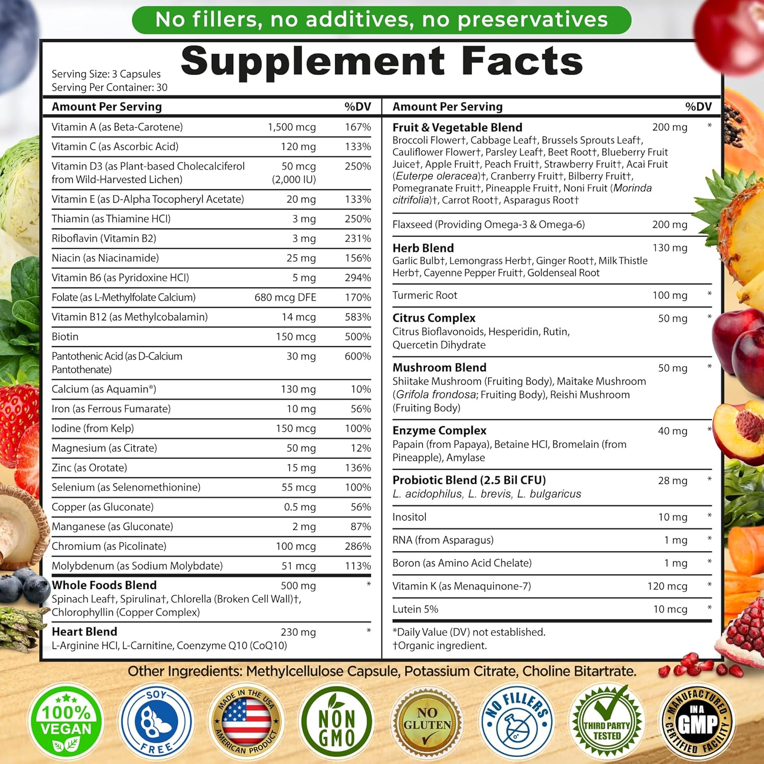Vegan Whole Food Daily Multivitamin with Iron, Methylated Multivitamin for Women and Men, Made with Fruits & Vegetables, B-Complex, Probiotics, Enzymes, CoQ10, Omegas, Turmeric, Non-GMO, 90 Count