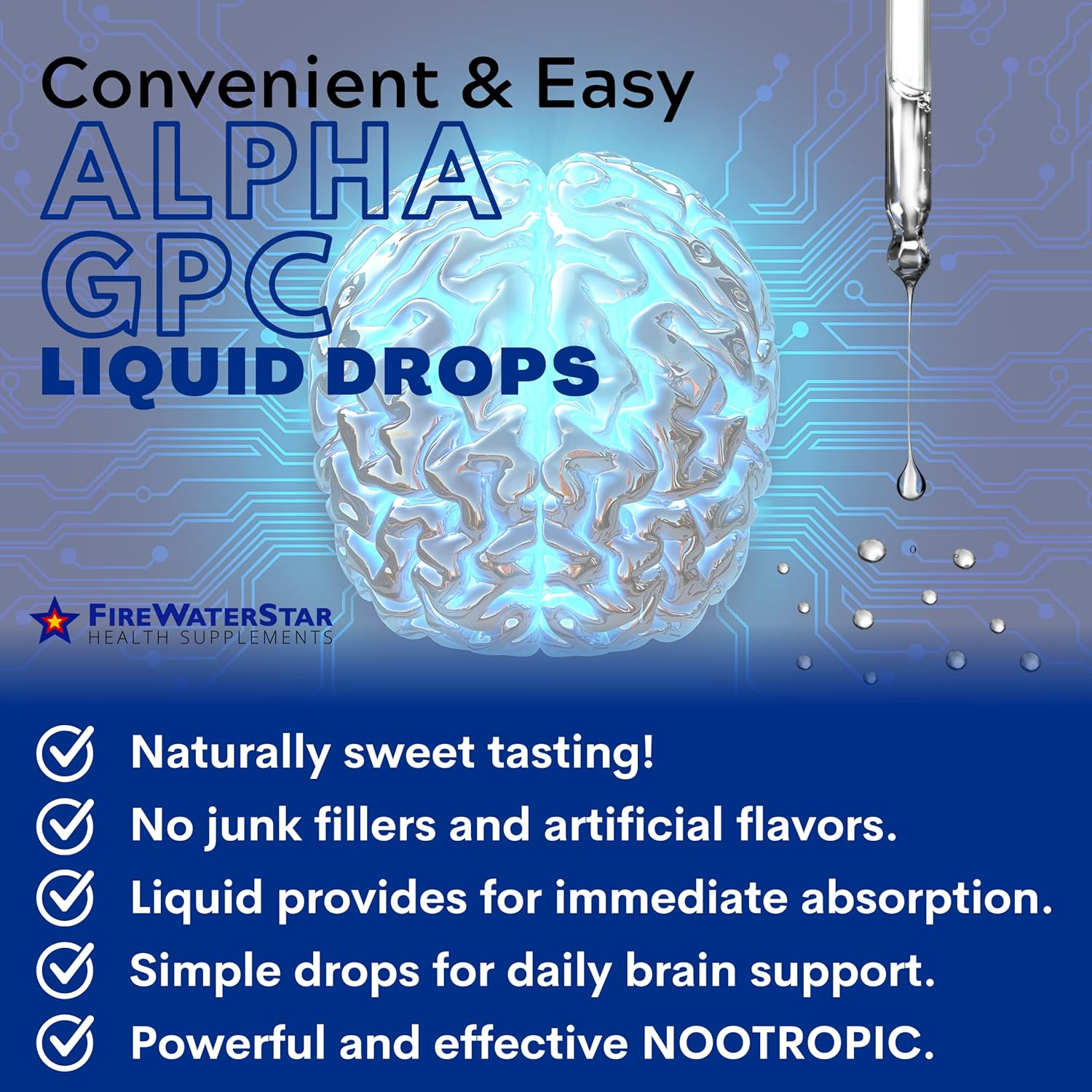 FWS Alpha GPC, 300 mg Liquid Alpha GPC Choline, Organic, Non-GMO, Fast Acting Nootropic Brain Supplement for Memory and Focus, Supports Healthy Brain Function for Mental Clarity