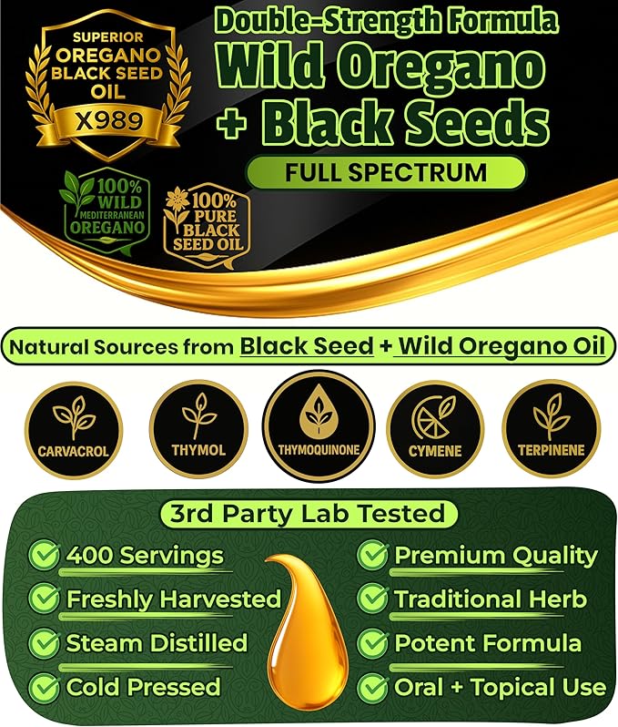Oil Of Oregano With Black Seed Oil - 400 Servings, 2 in 1 Wild Oregano Oil with Black Seed Oil Drops, Organic Supplement, Alternative to Oregano and Black Seed oil Gel Capsules, Non-GMO, Vegan