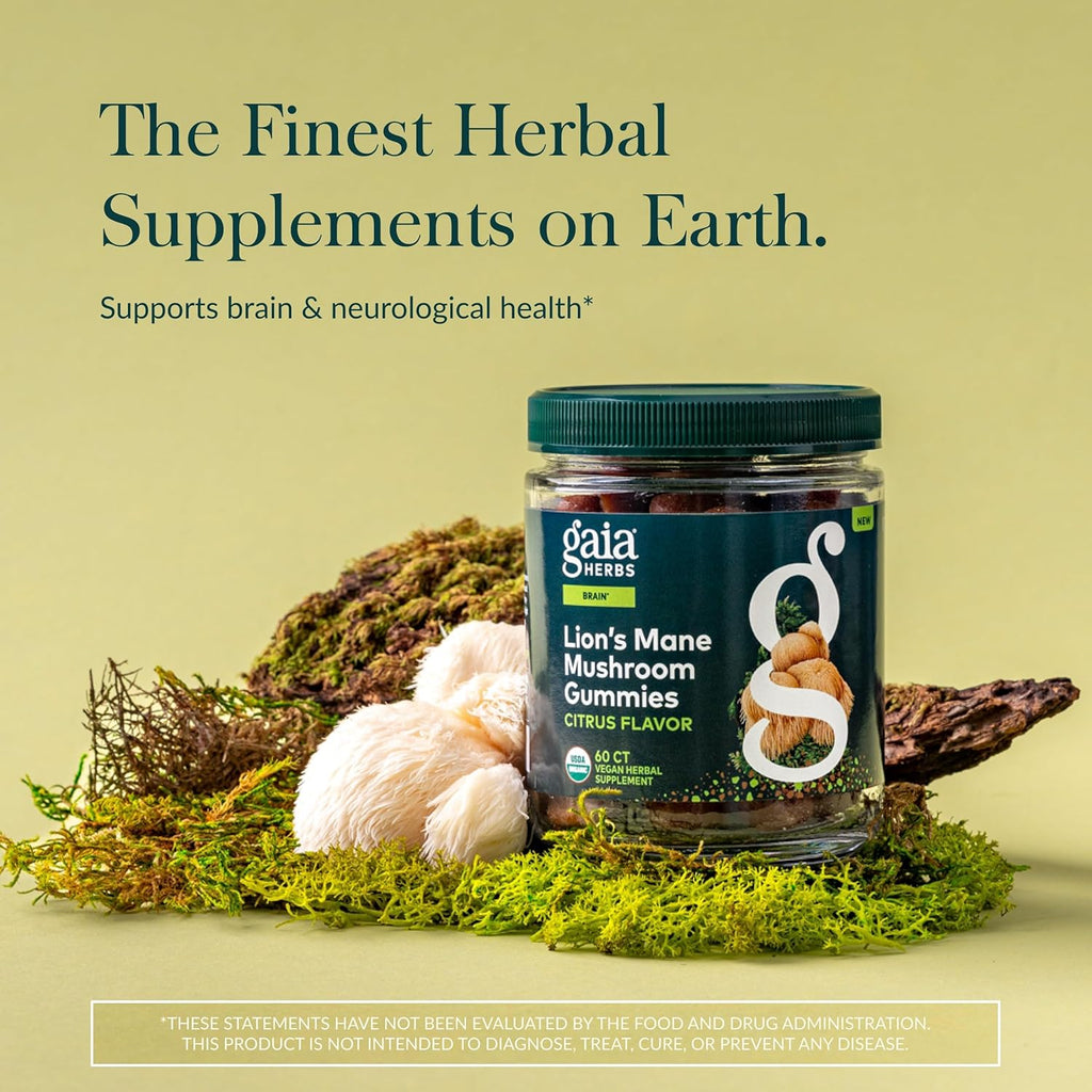 Gaia Herbs Lion's Mane Mushroom - Natural Brain Support Supplement - Made with Organic Lion's Mane Mushrooms - Free from Gluten, Soy & Dairy - 60 Vegan Gummies (30 Servings)