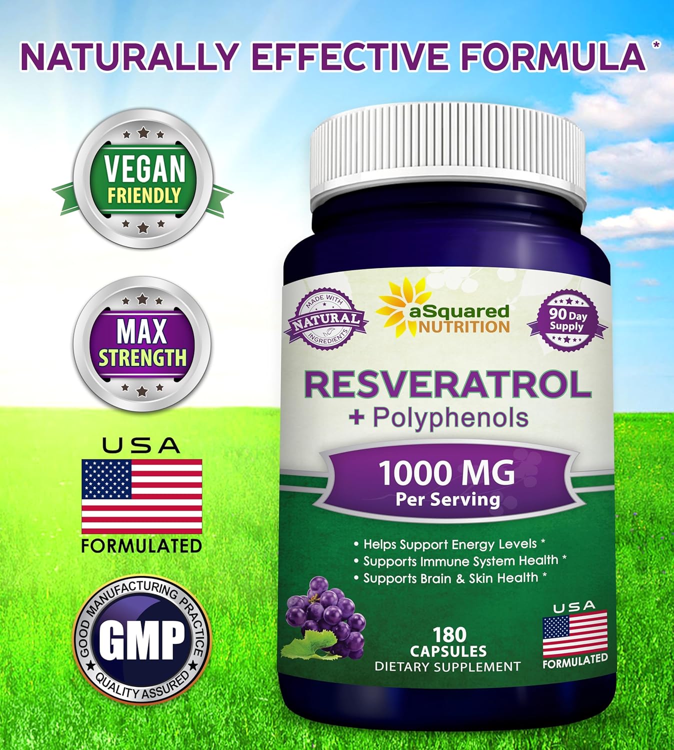 aSquared Nutrition Natural Resveratrol with Red Wine Extract - 180 Capsules - Trans Resveratrol Antioxidant Supplement Pills for Pure Heart Health - Extra Strength Trans-Resveratrol