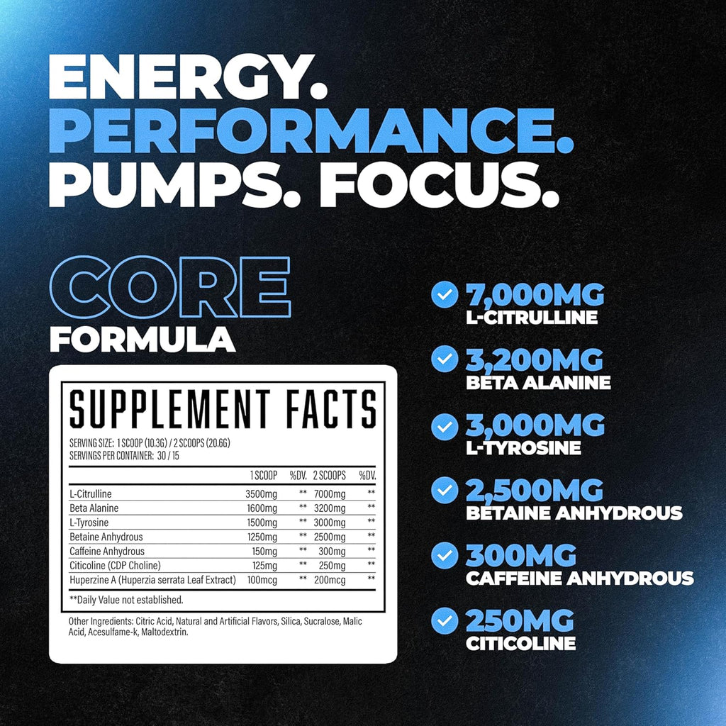 Wrecked Core - All-in-One Pre-Workout Supplement for Men & Women, Increase Energy, Focus & Pumps with L-Citrulline, Beta-Alanine, L-Tyrosine & More (30 Servings) - Blue Raspberry