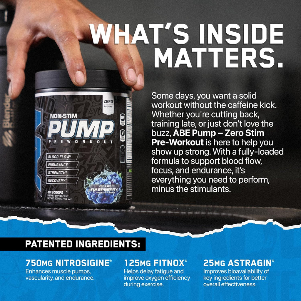 ABE Non Stim Pre-Workout with Creatine, Citrulline, Beta Alanine | Blue Razz | 40 or 20 Servings | All in One Stimulant Free Formula | Explosive Focus, Energy, and Muscle Pumps
