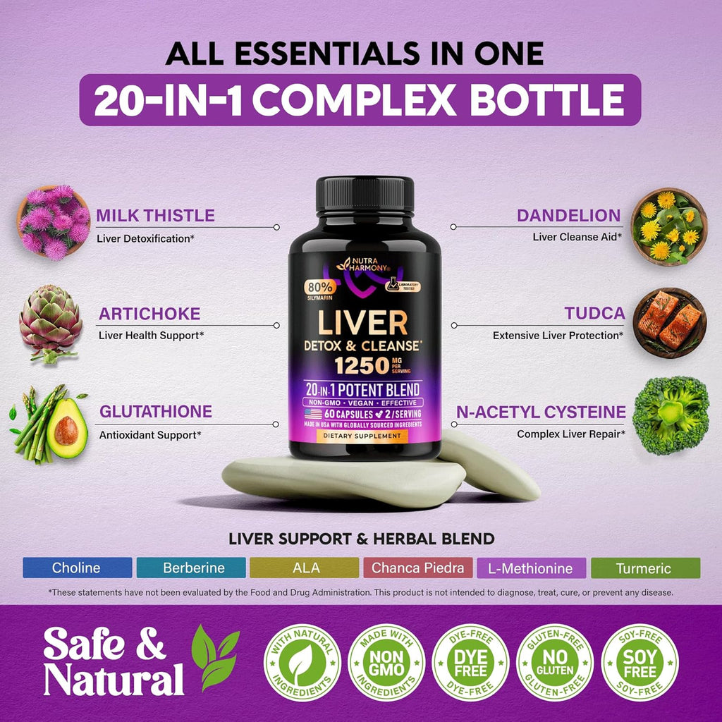 Liver Cleanse Detox & Repair - Milk Thistle | Dandelion | Artichoke | TUDCA | Glutathione & NAC - Effective Liver Health Supplement | 80% Silymarin - Laboratory Tested, Vegan - Made in USA 60 Capsules