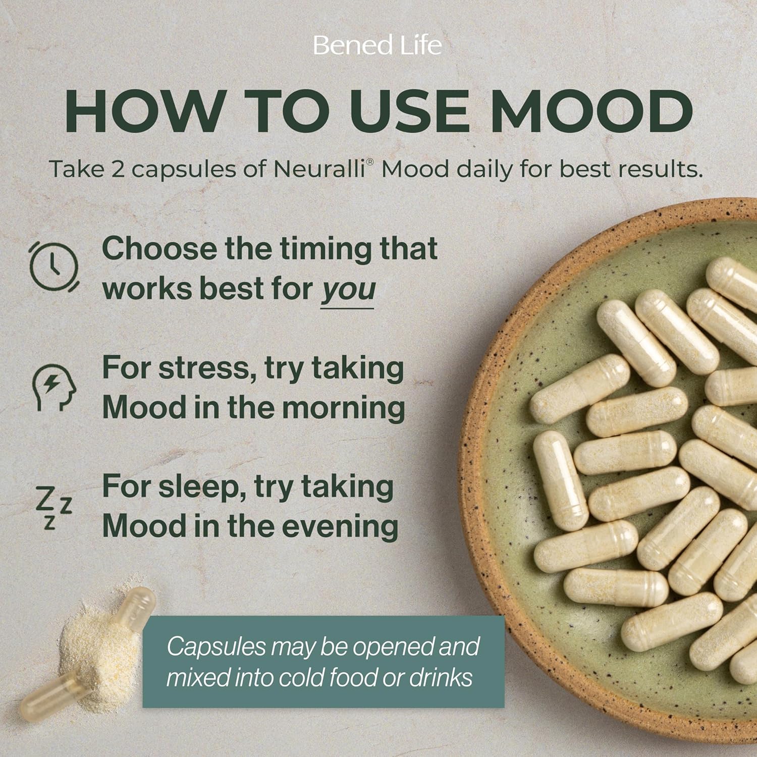 Bened Life Neuralli Mood with PS128 for Stress Relief & Recovery via The Gut-Brain Axis (60-Day Supply), Ages 18+ - 2 Bottles (120 Capsules)