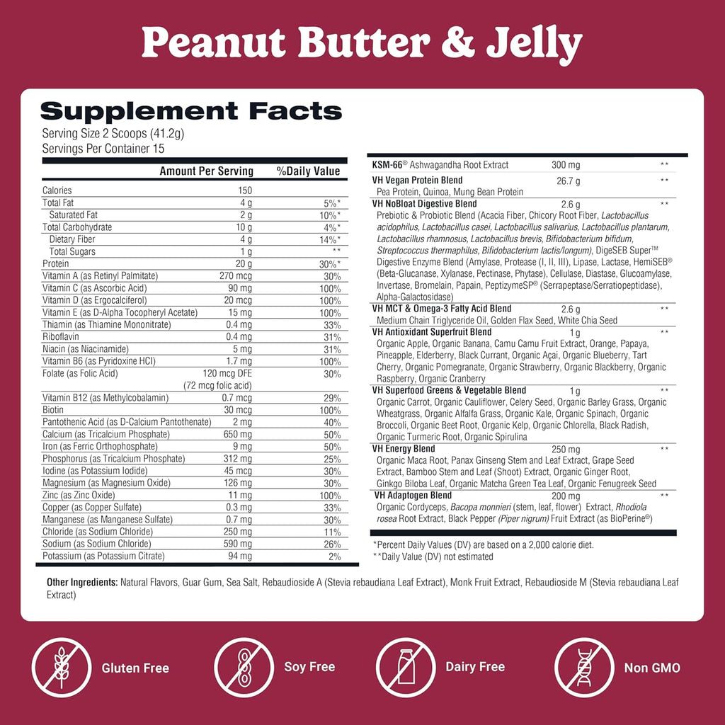 VitaHustle All-in-One Nutrition Shake, Peanut Butter & Jelly - Plant Based Protein Powder by Kevin Hart – Vegan Meal Replacement Shake with KSM66 Ashwagandha & 86+ Superfoods - Organic Meal Replacement Powder