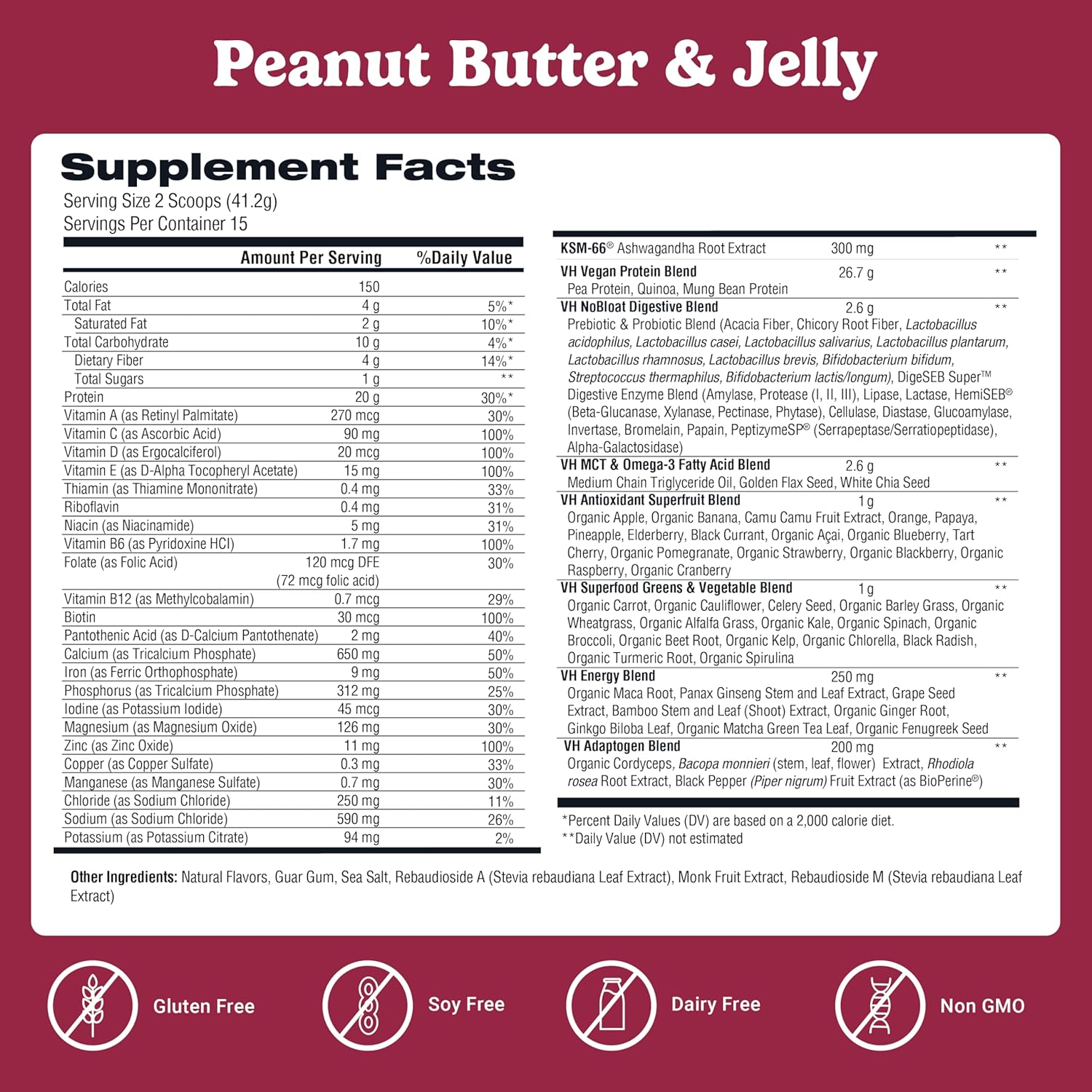 VitaHustle All-in-One Nutrition Shake, Peanut Butter & Jelly - Plant Based Protein Powder by Kevin Hart – Vegan Meal Replacement Shake with KSM66 Ashwagandha & 86+ Superfoods - Organic Meal Replacement Powder
