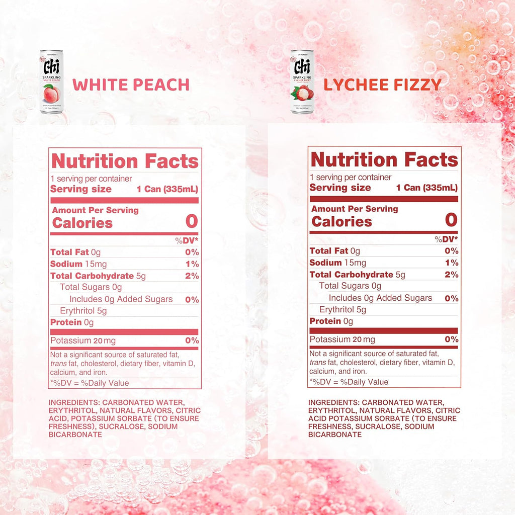 CHI FOREST Sparkling Water Beverage, Lychee & White Peach, 2 Flavors, Zero Sugar, 12 fl oz Cans (Pack of 24)