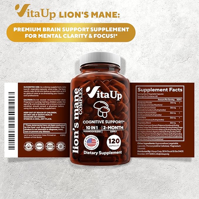 Lions Mane Supplement Capsules - USA Made 10 in 1 Mushroom Supplement - Mushroom Complex with Lions Mane, Cordyceps, Turkey Tail, Reishi, Shiitake for Cognitive & Immune Support - 120 Count