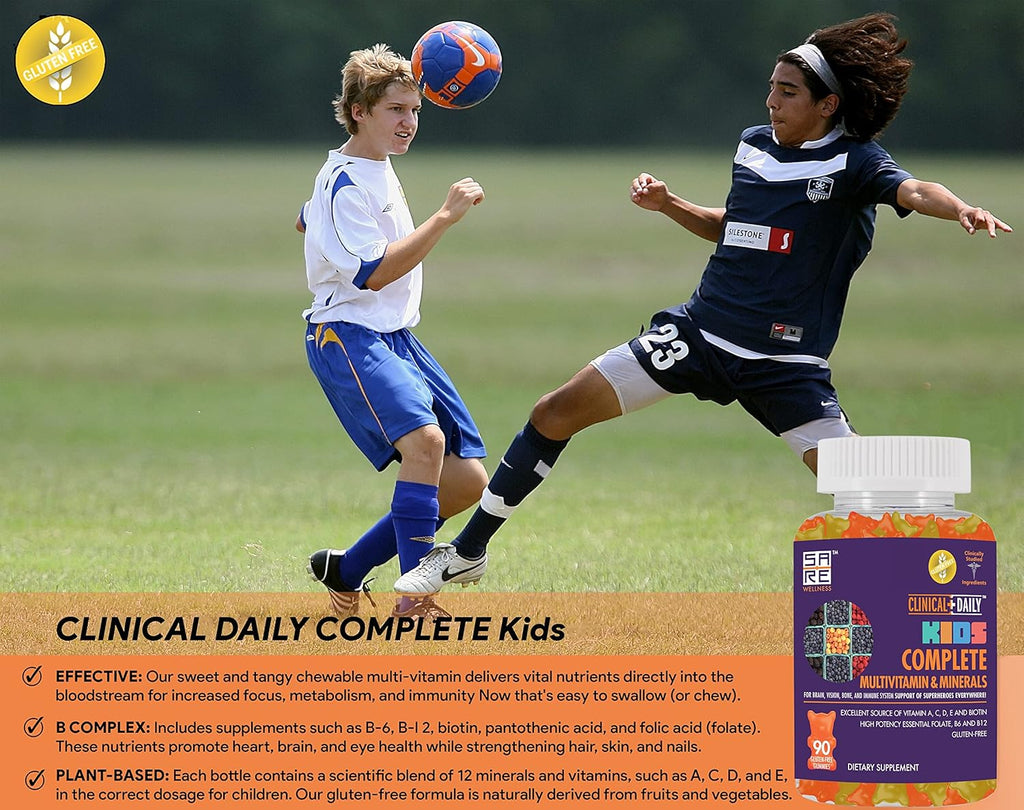 Clinical Daily Complete Kids Multivitamin Daily Gummy Supplement for Brain, Vision, Bone and Immune Health. Vitamins A, C, E,D,B6,B12, Folate, Biotin, Essential Minerals. 90 Gluten Free Yummy Gummies
