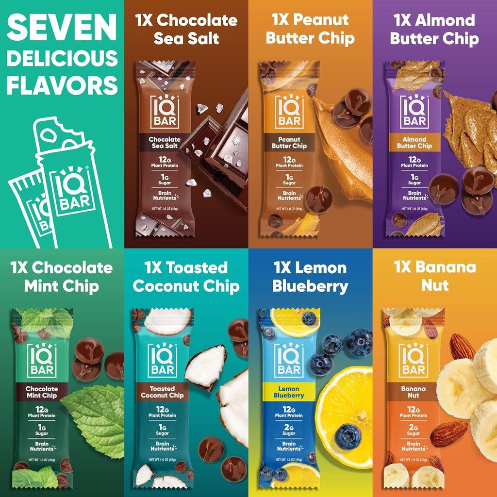 IQBAR Brain and Body Plant Protein Bars - 7 Bar Sampler Variety Pack - Keto, Vegan, Low Carb, High Fiber, Gluten Free, Dairy Free, Low Sugar Snack with Nutrients for Focus, Energy and Meal Replacement