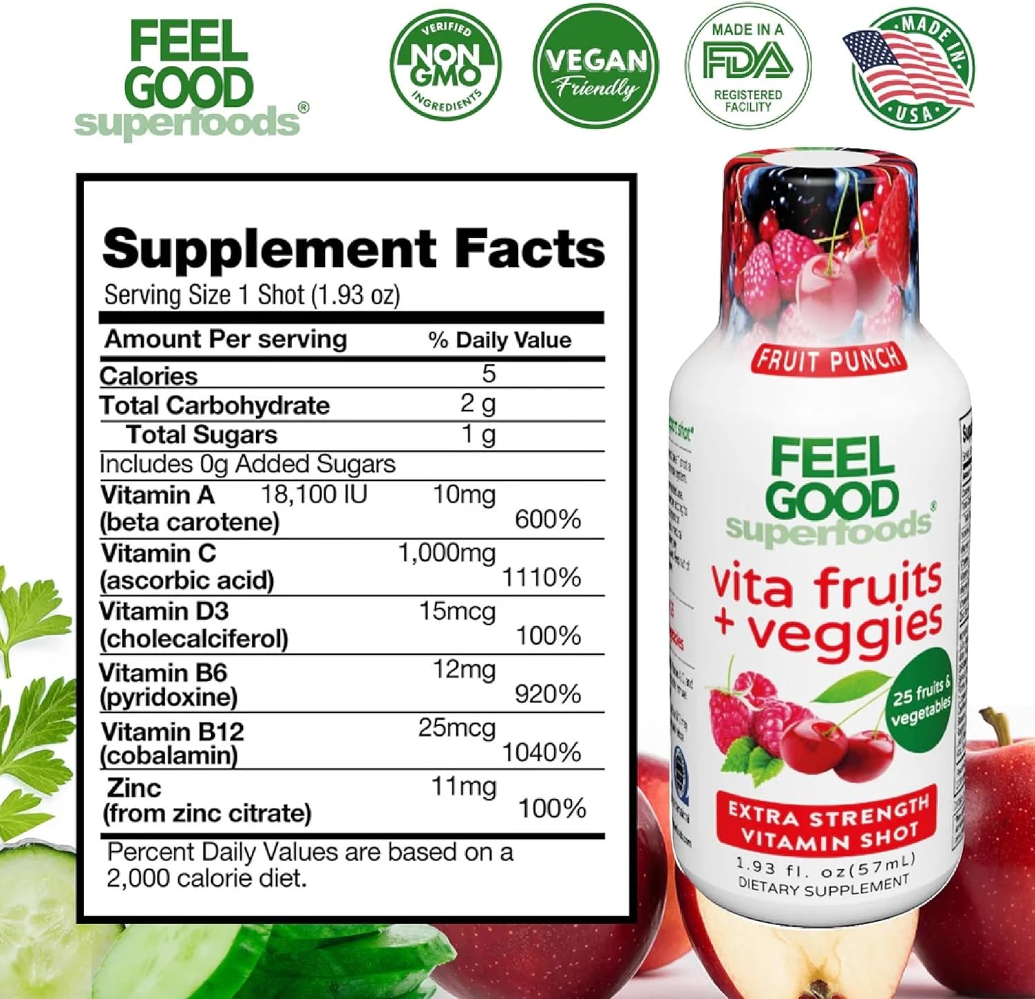 FeelGood Superfoods Vita Fruits and Veggies Immune Support Shot Supplements, Fruit Punch Flavor, Pack of 10 Immunity Shots, Immune System Booster Drink Made with 25 Organic Fruit & Vegetables