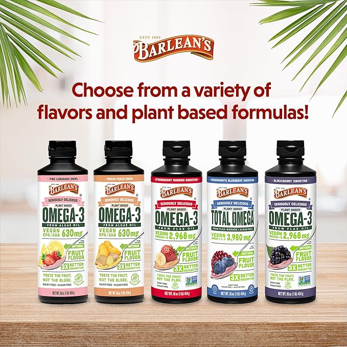 Barlean's Ginger Peach Vegan Omega 3 Supplement, Liquid Algae Oil with 630 mg EPA & DHA, Plant Based Omegas from Algal Oil, Non-GMO & Gluten Free, 16 oz