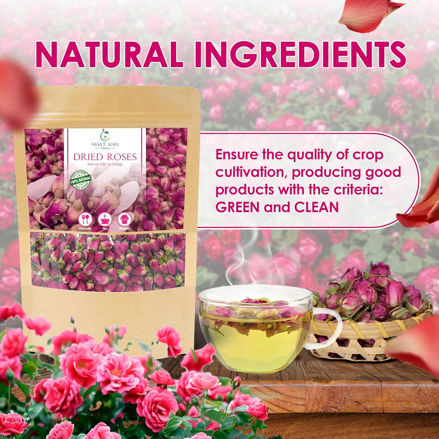 Nhat Anh Farm - Premium Dried Rose Buds - 3.5oz (100g) Dried Rose Buds Natural & Pure, Sugar/Caffeine/Gluten Free - For Making Tea