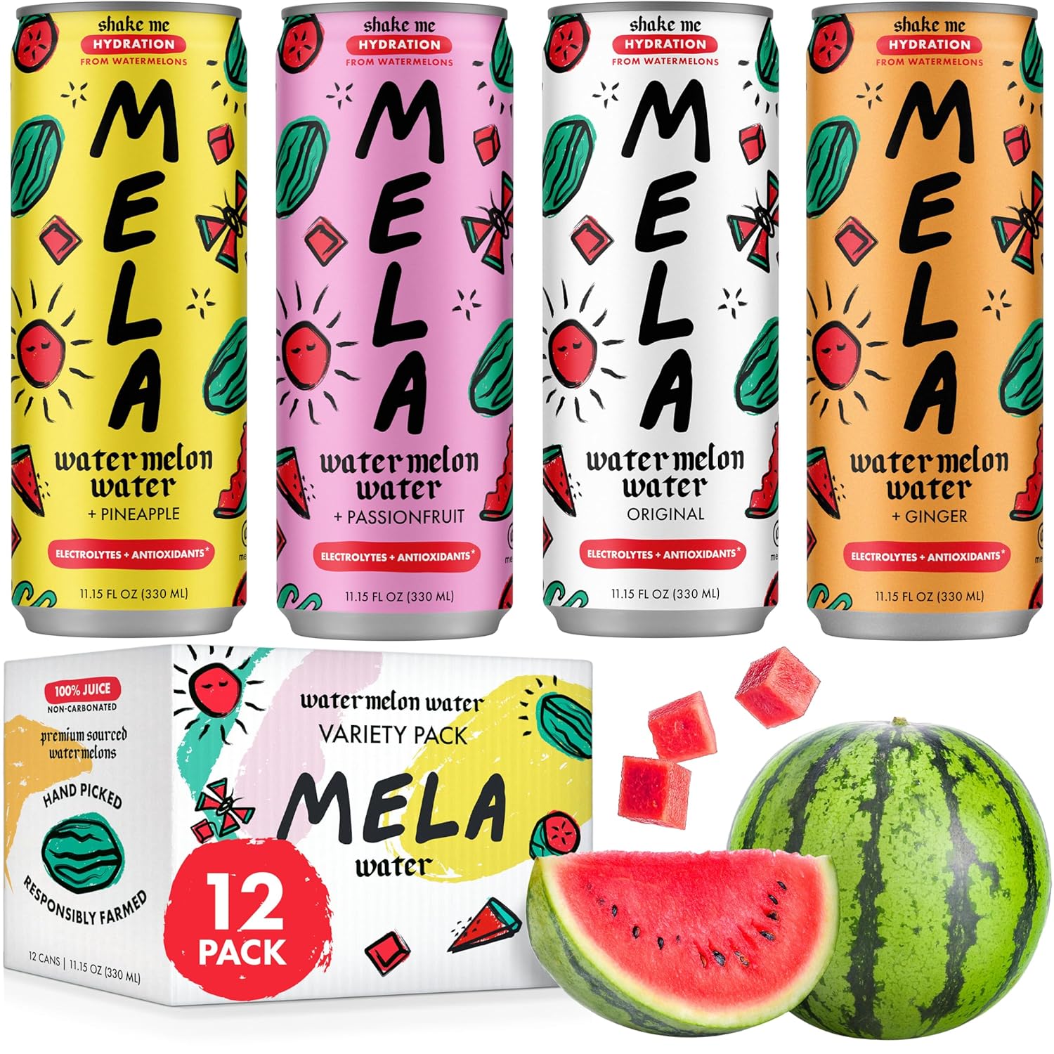 Mela Watermelon Water - Watermelon Juice, 100 Percent Natural Fruit Juice with Vitamin C, Electrolytes, Antioxidants - Coconut Water Alternative, Gluten-Free (Variety, 11.15 fl oz, 12-pack)