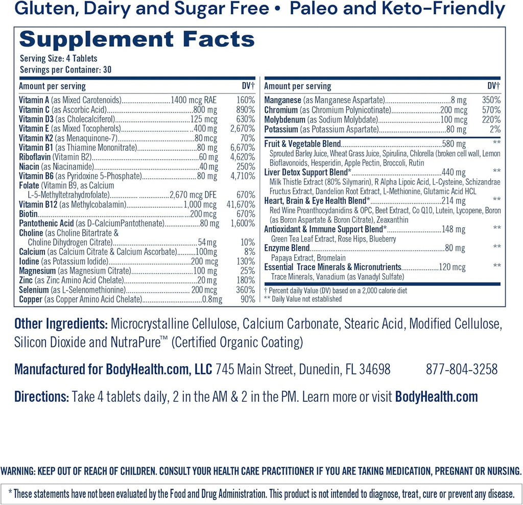 BodyHealth Multi Complete (120 Ct) Daily Multivitamin for Men and Women with Whole Foods, Minerals, Antioxidants, Organic Green Food Concentrates, and Liver Detox Extracts, Vegan and Non GMO