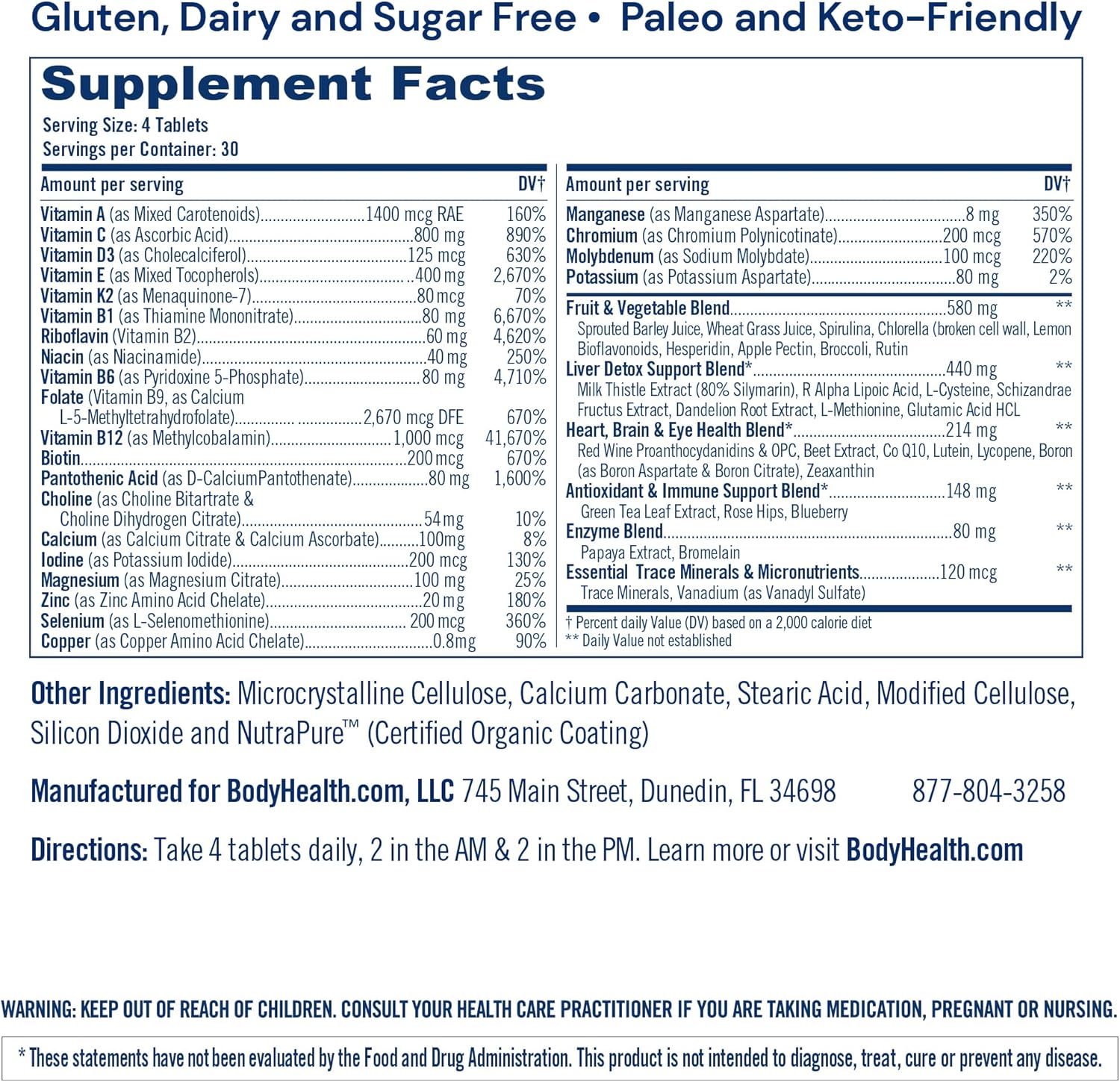 BodyHealth Multi Complete (120 Ct) Daily Multivitamin for Men and Women with Whole Foods, Minerals, Antioxidants, Organic Green Food Concentrates, and Liver Detox Extracts, Vegan and Non GMO