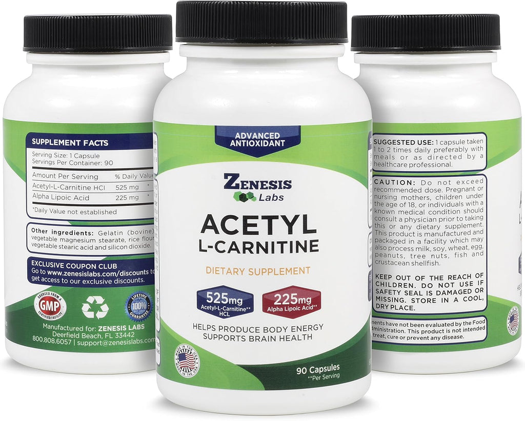 Zenesis Labs Acetyl L-Carnitine with Alpha Lipoic Acid Bulk 3-Bottle, 270 Capsule Supply (90 Capsules/Bottle)
