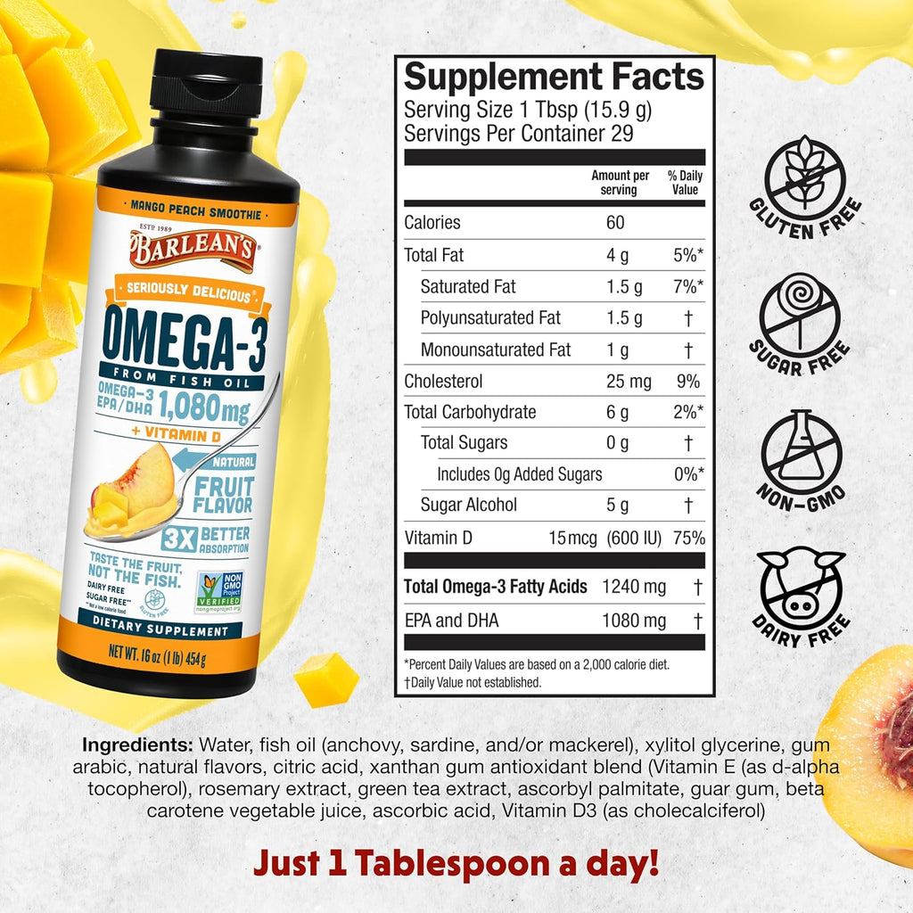 Barlean's Mango Peach Omega 3 Fish Oil Liquid Supplement with Vitamin D, 1080mg EPA & DHA Fatty Acid, Smoothie Flavored & Burpless for Brain, Joint, & Heart Health, 16 oz