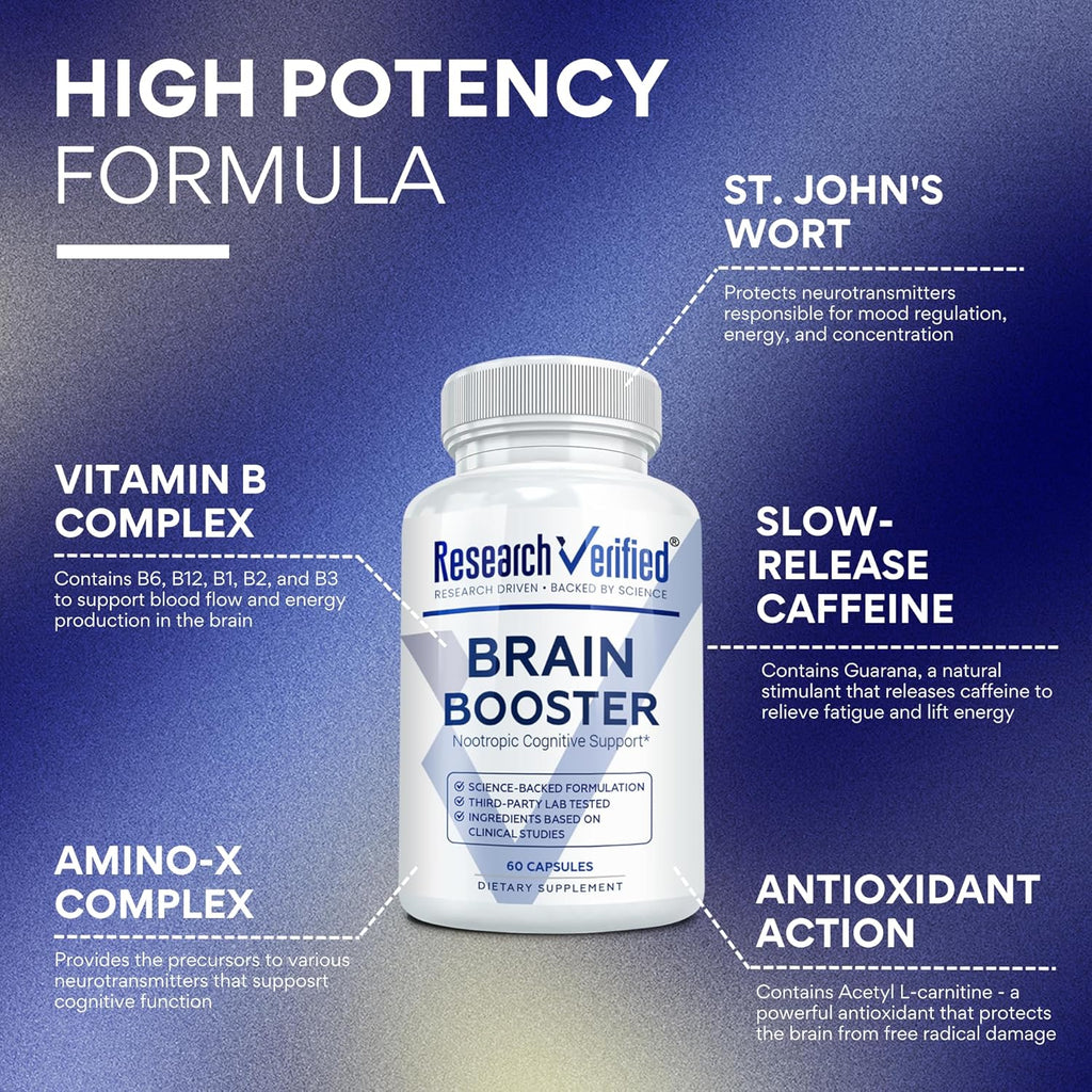 Brain Booster - Nootropic Supplement to Enhance Cognitive Function - 60 Vegan Friendly Capsules - 1 Bottle