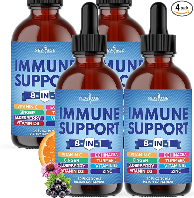 NEW AGE 8-in-1 Immune Support Liquid Drops – Elderberry, Turmeric Curcumin, Echinacea, Ginger, Vitamins C & D3, Zinc & B6 – Fast-Absorbing Immune & Antioxidant Support – Non-GMO – 8 oz