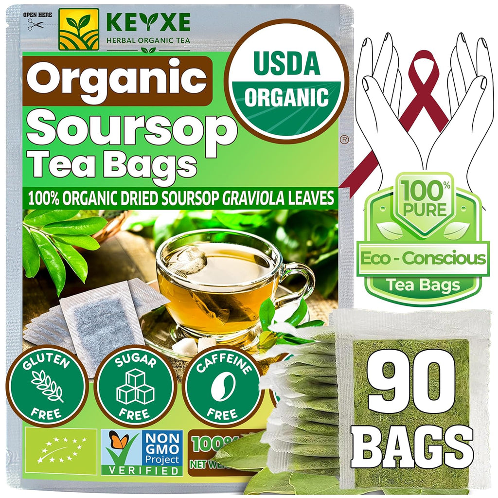 KEYXE - USDA Organic Soursop Graviola Leaves Tea 90 Bags. Non-GMO Verified , 100% Organic Soursop Leaves for Digestion, Boosting Immune, Improving Sleep & Skin Health, Gluten Free, Caffein Free , Hojas De Guanabana Tea Organica, Eco-Conscious Tea Bags