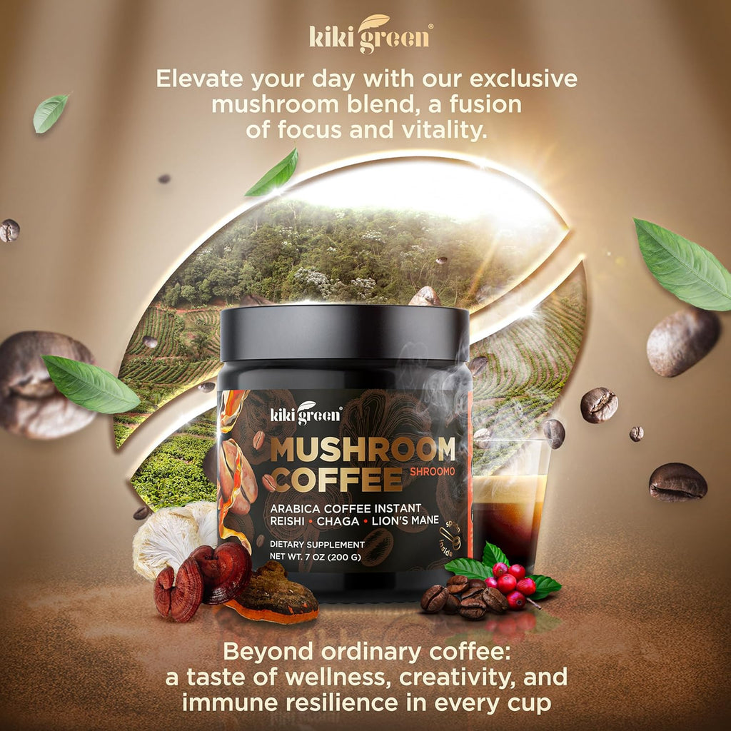 KIKI Green Mushroom Coffee - Instant Arabica Brew with Reishi, Chaga, Lion's Mane - Everyday Alternative for Focus, Energy, Immunity - 7 oz, 40 Servings