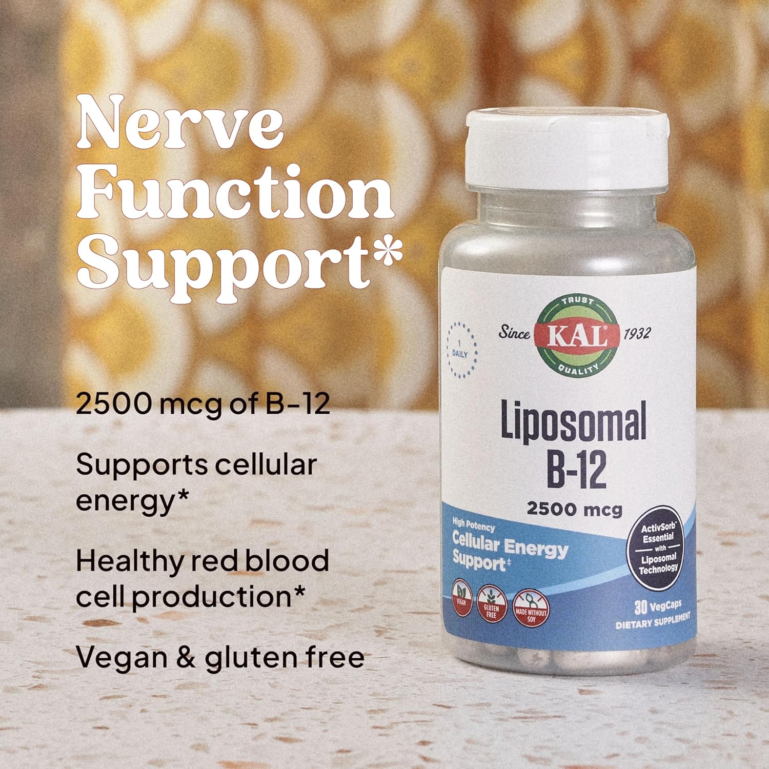 KAL Liposomal Vitamin B12 2500 mcg, High Absorption, Liposomal Technology, Cellular Energy Support, Vegan Capsules, Gluten Free, Made Without Soy, 30 Servings