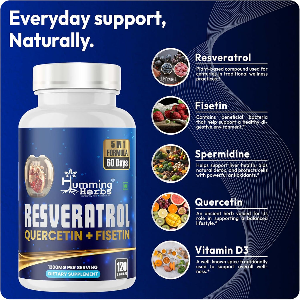 Resveratrol Supplement 1200mg – 5-in-1 Formula with Quercetin, Fisetin, Spermidine & Vitamin D3 – Cardiovascular & Wellness Support – 120 Capsules