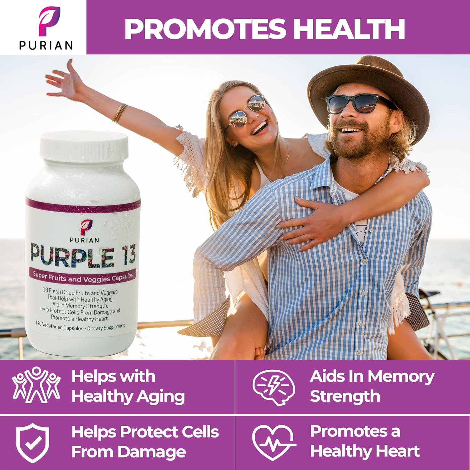 PURIAN Purple SuperFood Fruit and Veggie Supplement Fresh Dried Purple Fruit and Vegetable Supplements Promotes Anti-Aging, Heart Health, Aids Memory Strength, 240 Vegetarian Capsules, 2 Pack