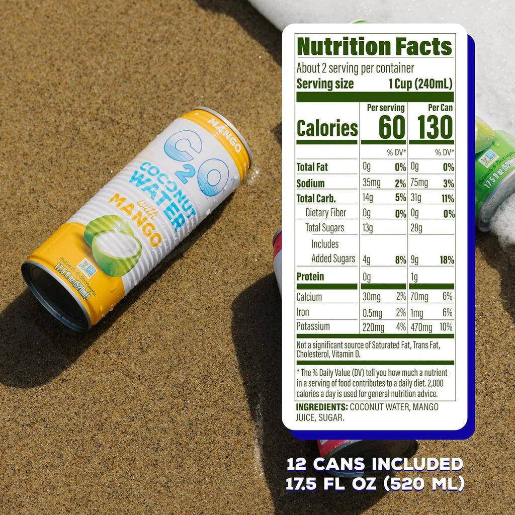C2O - Coconut Water with Mango (12 Pack) - Made with Fresh Coconut Water - Plant Based - Non GMO - Canned Water - Natural Hydration, Essential Electrolytes, & Potassium - 12 Cans, 17.5 FL OZ