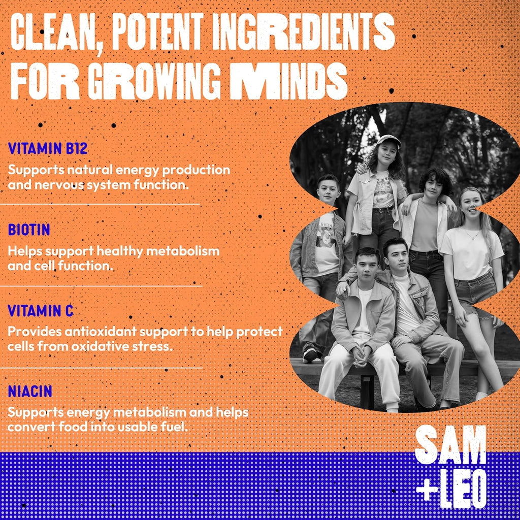 SAM+LEO Energy Gummies – Caffeine-Free B-Complex with Biotin – Daily Vegan Energy Support for Kids, Teens & Young Adults – Strawberry Flavor, 60 Gummies
