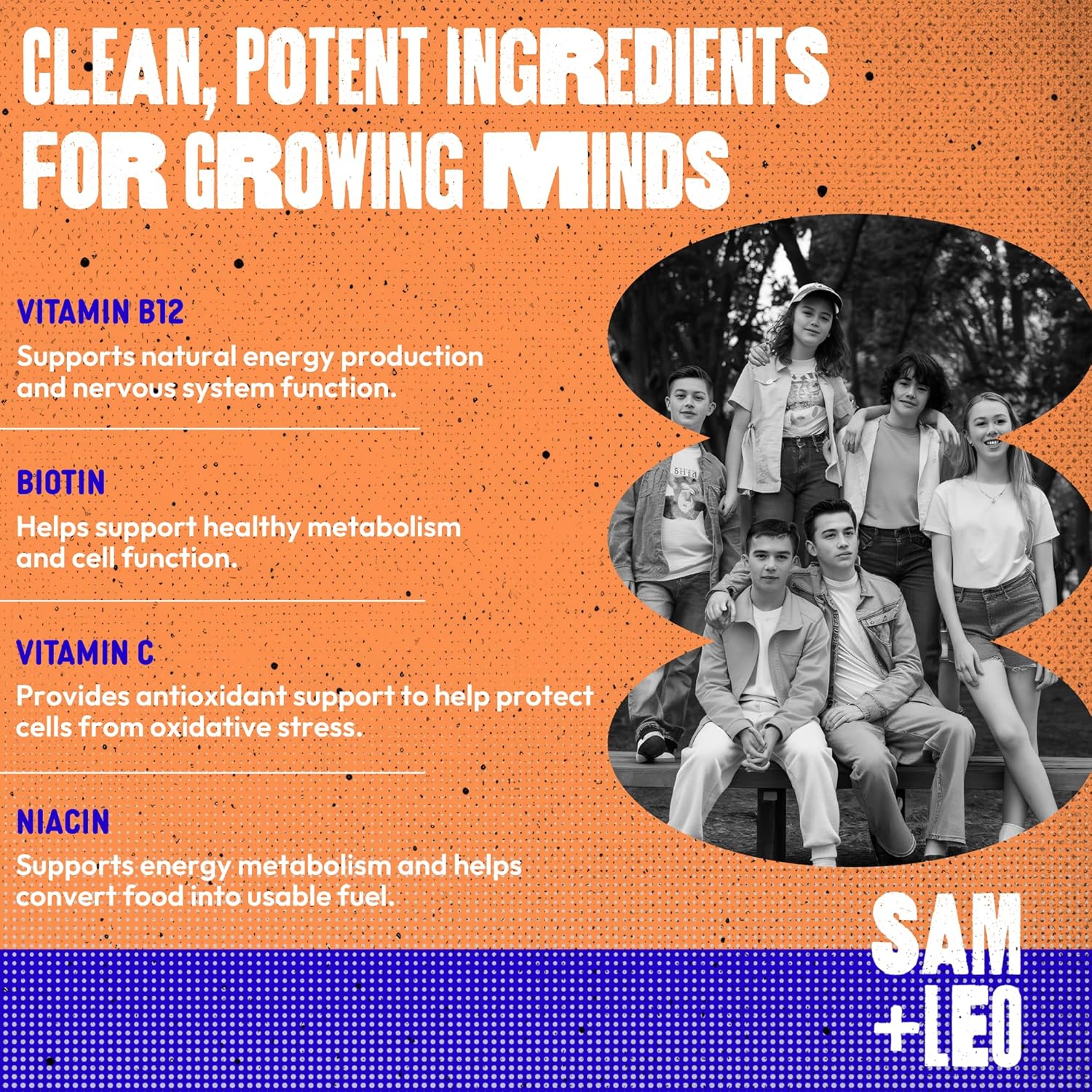 SAM+LEO Energy Gummies – Caffeine-Free B-Complex with Biotin – Daily Vegan Energy Support for Kids, Teens & Young Adults – Strawberry Flavor, 60 Gummies