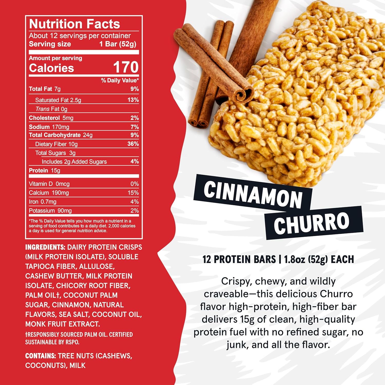 Wild Fox Protein Bars - Keto-Certified High Protein Snack with No Refined Sugar, Great Taste, 15g Protein, and No Seed Oils, Cinnamon Churro