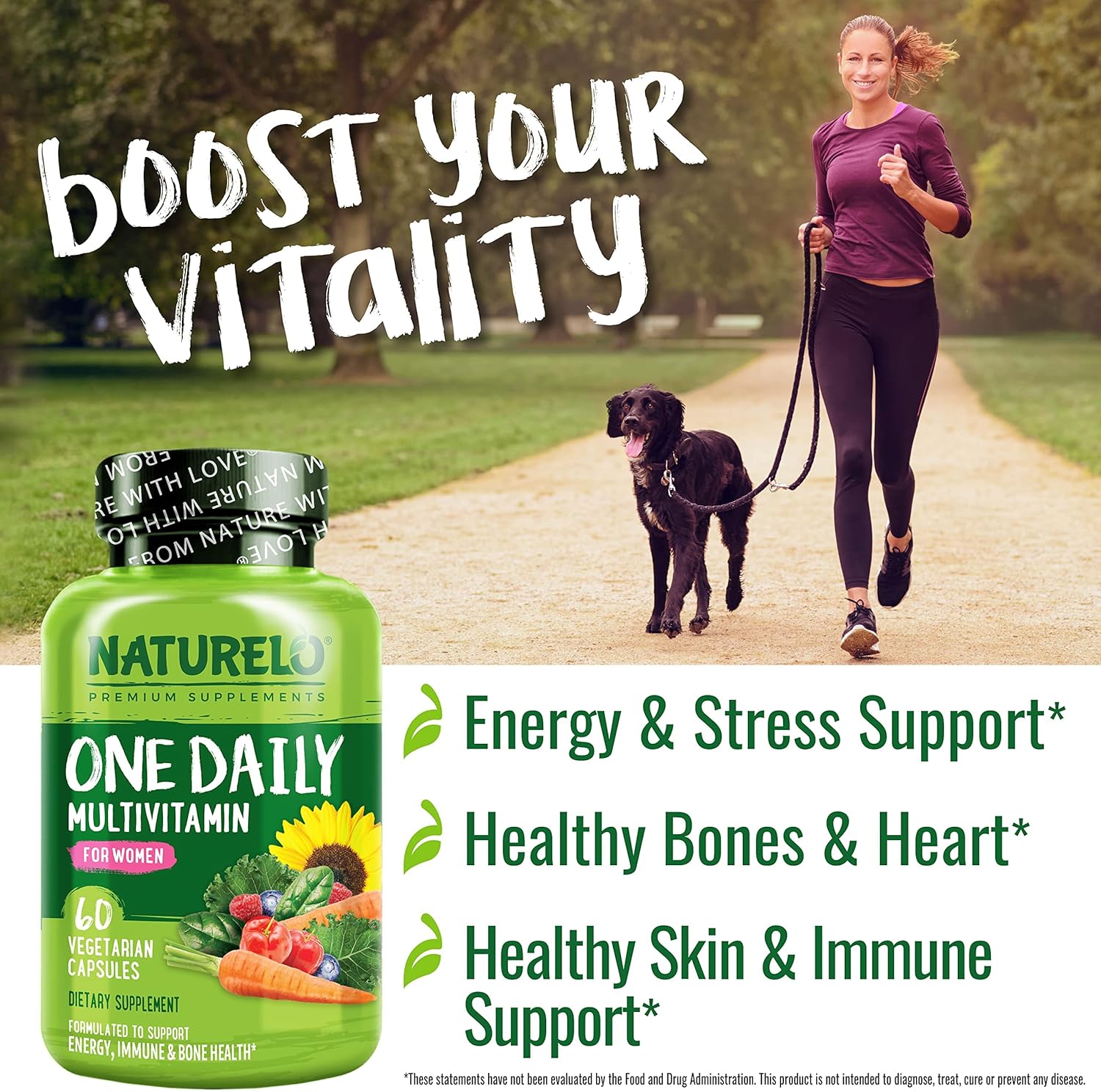 NATURELO One Daily Multivitamin for Women - Energy Support - Whole Food Supplement to Nourish Hair, Skin, Nails - Non-GMO - No Soy - Gluten Free - 60 Capsules - 2 Month Supply