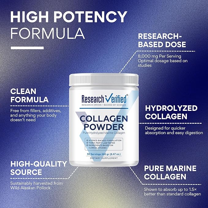 Research Verified® Collagen Powder - Hydrolyzed Marine Collagen Peptides - Unflavored - Skin Hydration and Elasticity, Muscle Recovery, Non GMO - 30 Scoops Per Container - 3 Month Supply