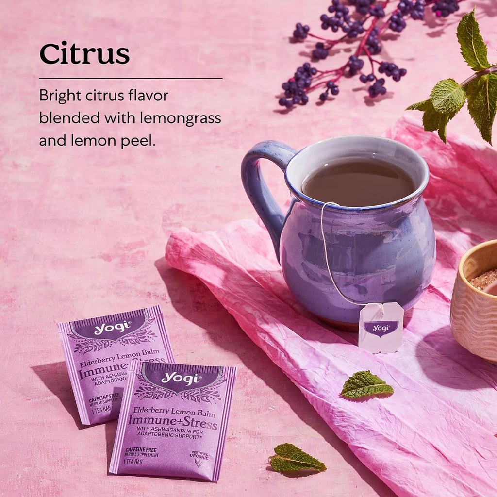 Yogi Tea Elderberry Lemon Balm Immune & Stress Tea - 16 Tea Bags per Pack (6 Packs) - Organic Immune Support Tea - Includes Ashwagandha Root, Lemon Balm Leaf, Lemongrass, Licorice Root & More.