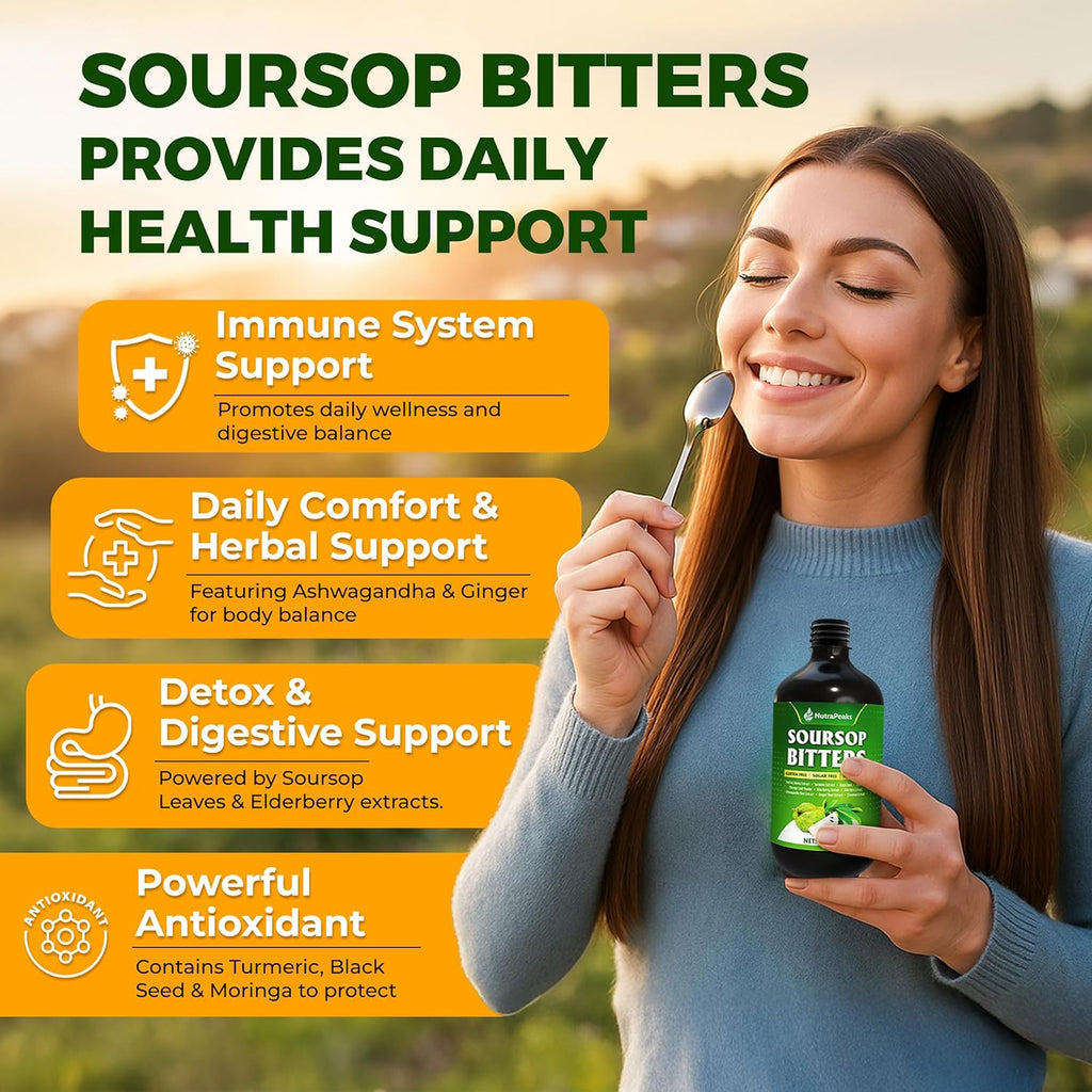 Soursop Bitters Liquid – Herbal Detox Formula with Soursop, Turmeric, Moringa & Black Seed by NutraPeaks – Supports Immune Health & Digestive Balance – 16 fl oz