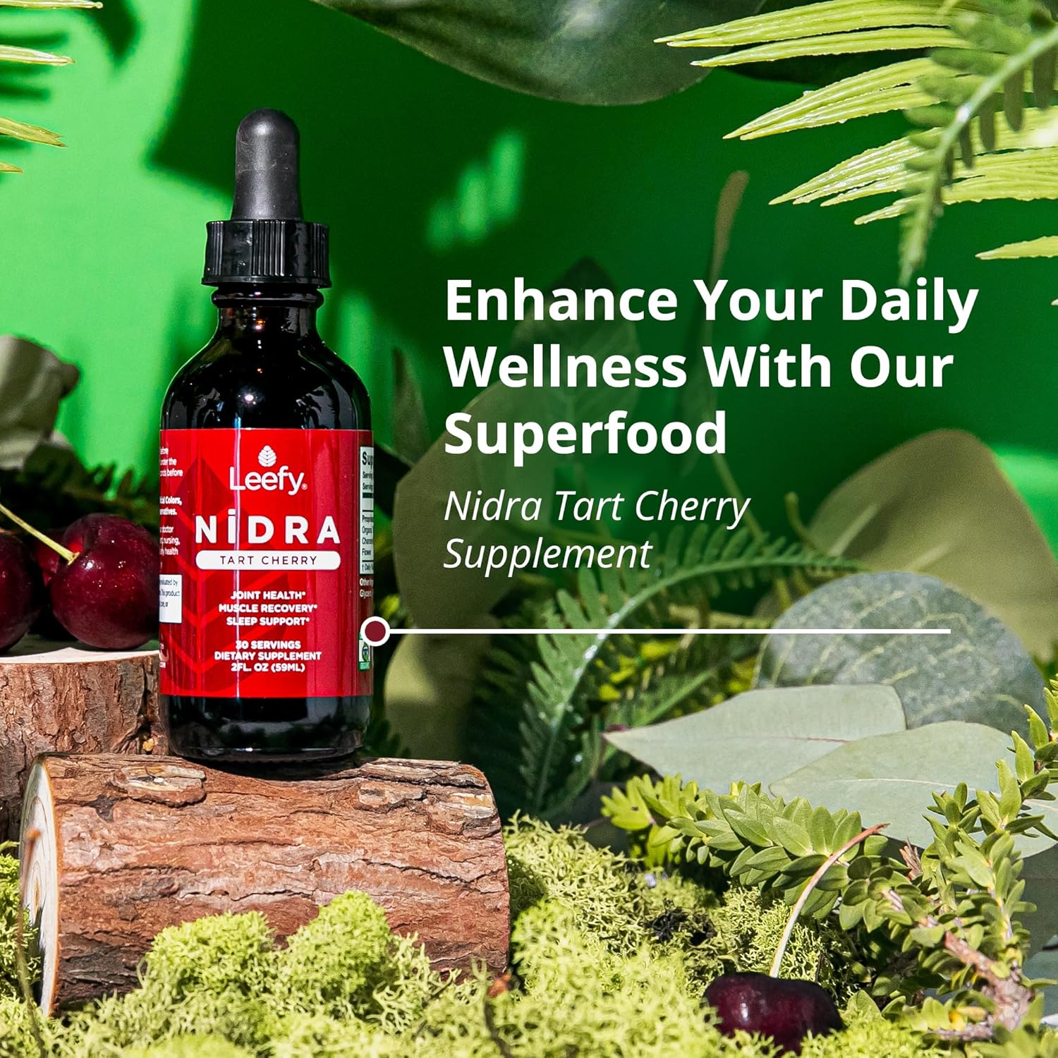 Leefy Organics Tart Cherry Supplement Nidra - Fast Absorbing, Non-GMO, Gluten-Free - Promotes Recovery, Joint Support, Sleep & Circulation for Adults - 2 Oz