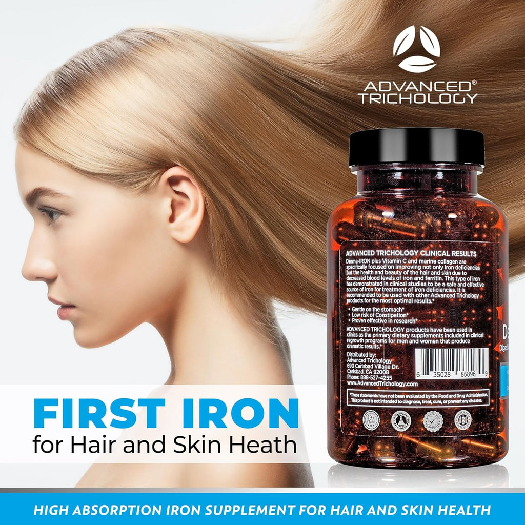Derma-Iron Supplement for Women and Men - Iron blood builder pills for hair and skin with Collagen and natural Vitamin C, low iron and ferritin, thinning hair, hair loss support