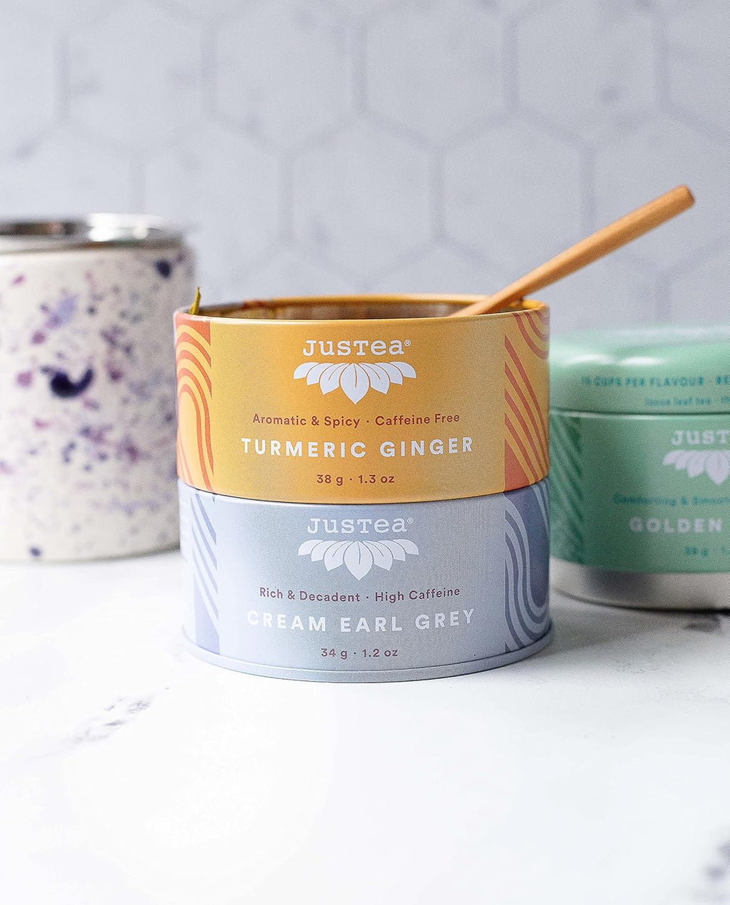 JusTea Assorted Tea Trio | Stacking Tins Variety Pack with Hand Carved Spoon | Loose Leaf Tea | Variable Caffeine | Award-Winning | Fair Trade | Non-GMO