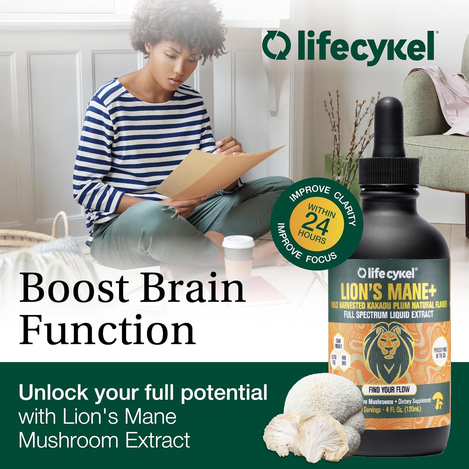 Lifecykel - Lion's Mane Mushroom Extract with Kakadu Plum - Brain Booster Nootropic for Memory, Focus & REM Sleep - Non-GMO, Organic Mushroom Tincture - 1 Fl Oz (15 Servings)