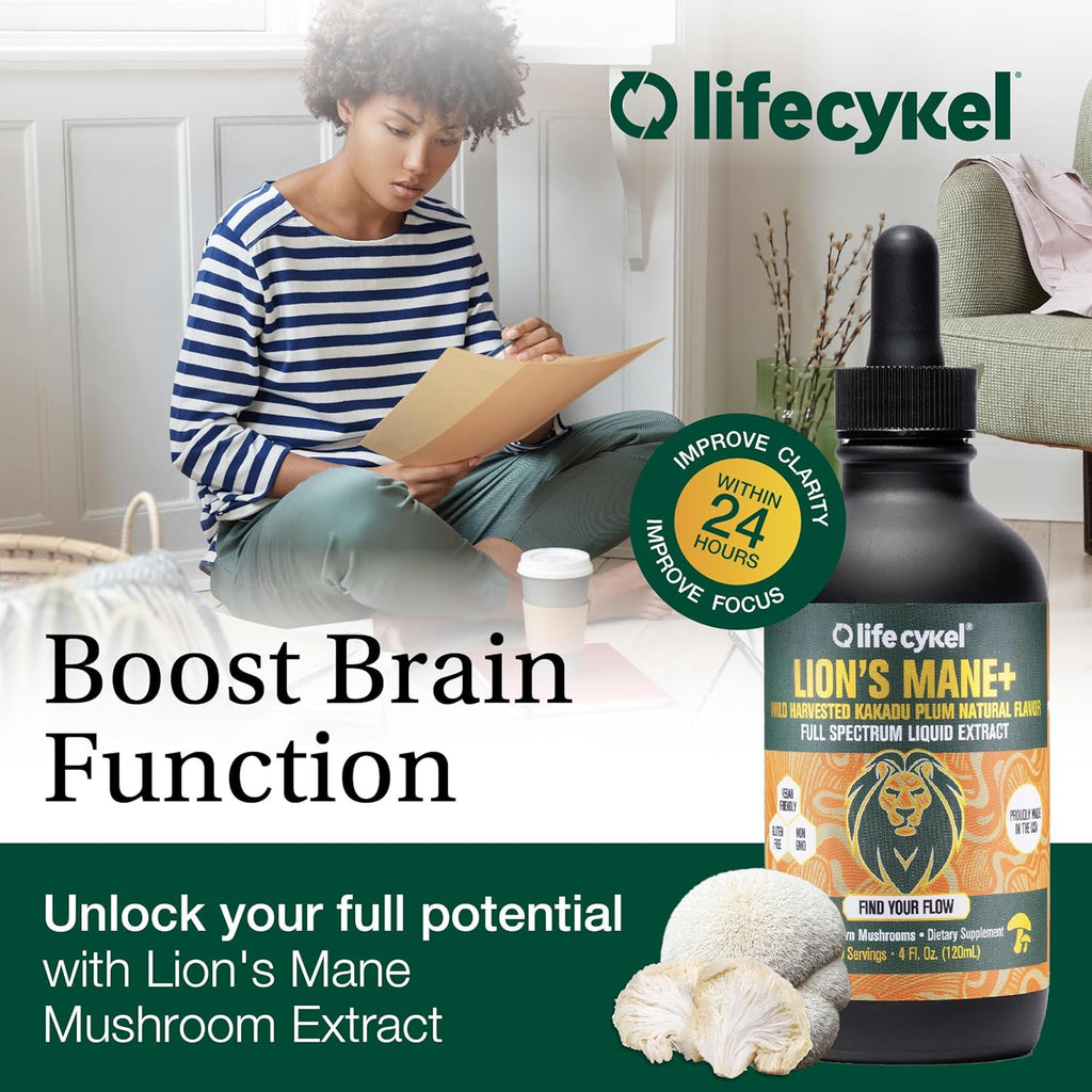 Lifecykel - Lion's Mane Mushroom Extract with Kakadu Plum - Brain Booster Nootropic for Memory, Focus & REM Sleep - Non-GMO, Organic Mushroom Tincture - 4 Fl Oz (60 Servings)