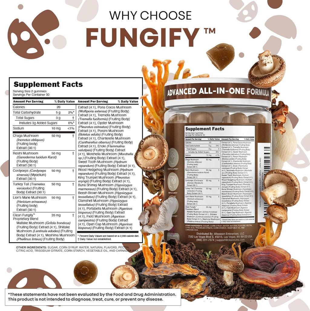 Clean Nutra Lions Mane Lion's Mane Mushroom Gummies Cordyceps Supplement for Memory and Focus Immune Support Vitamins Reishi Chaga Turkey Tail Mushrooms Gummy Shiitake Maitake Meshima Supplements