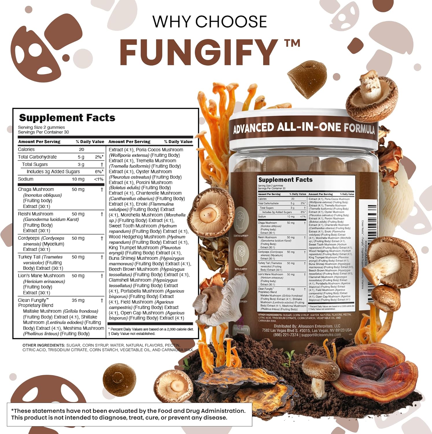 Clean Nutra Lions Mane Lion's Mane Mushroom Gummies Cordyceps Supplement for Memory and Focus Immune Support Vitamins Reishi Chaga Turkey Tail Mushrooms Gummy Shiitake Maitake Meshima Supplements