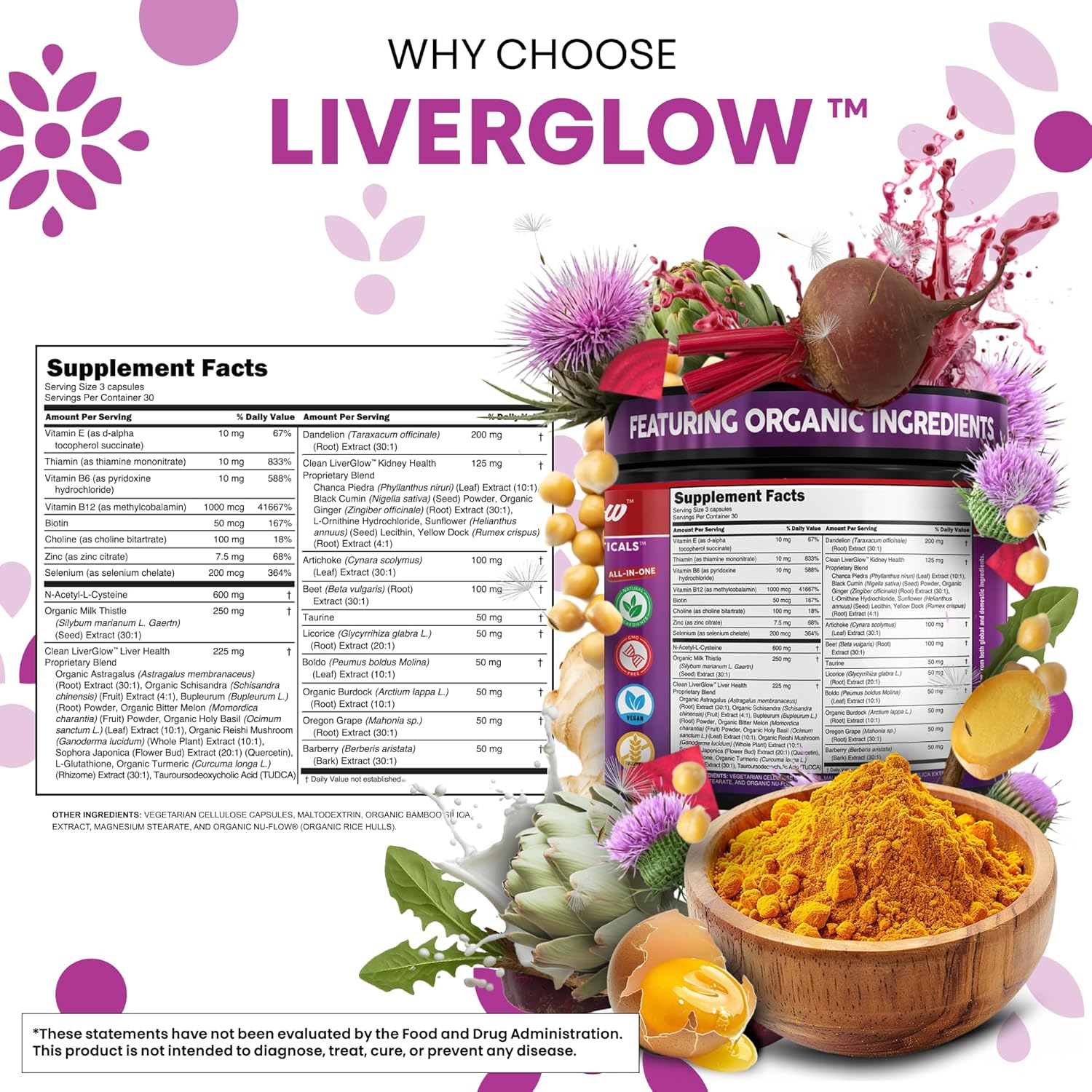Clean Nutra Milk Thistle NAC Choline Dandelion Root TUDCA Artichoke Beet Root Burdock Holy Basil Supplement Liver Cleanse Detox Support Repair Lymphatic Complex for Liver & Kidney 90 Vegan Capsules