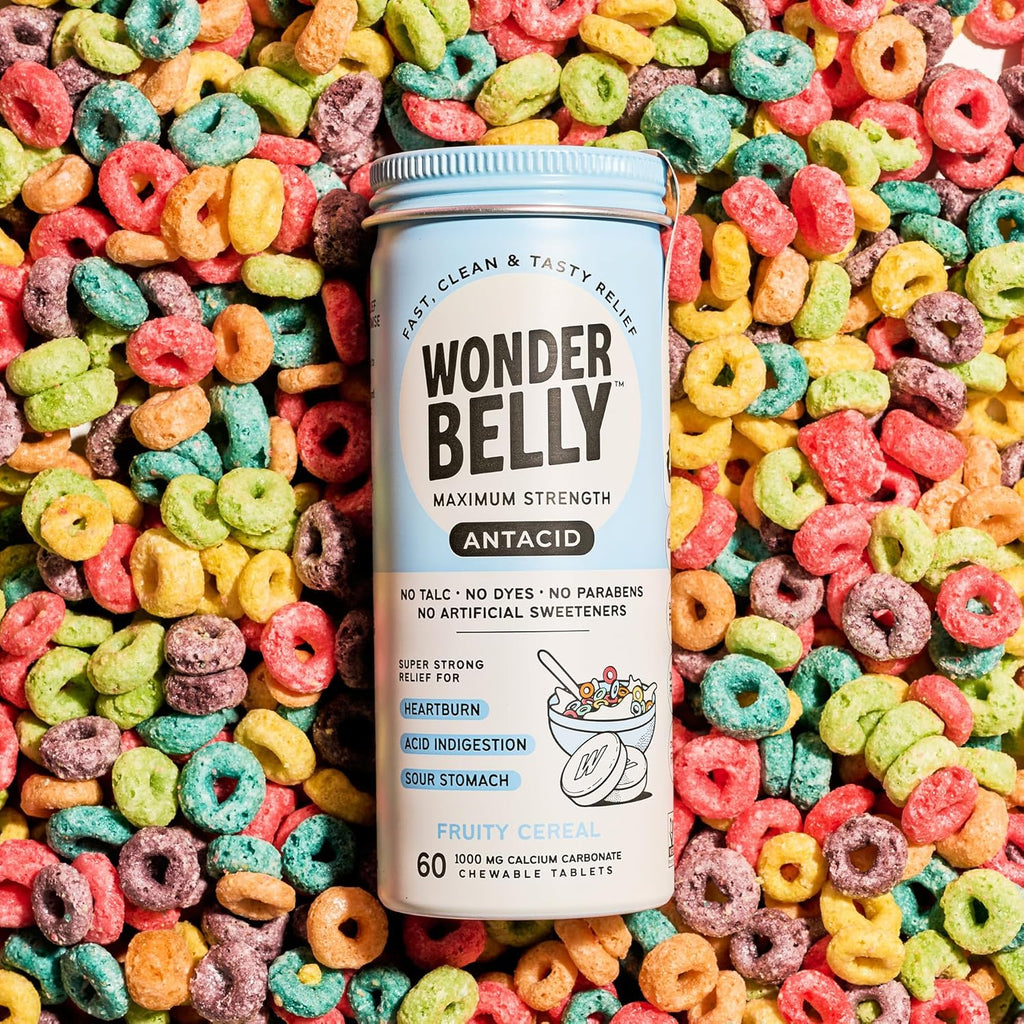 Wonderbelly Antacid, Effective Heartburn and Instant Acid Indigestion Relief, Extra Strength Chewable Tablets, 1000 mg Calcium Carbonate, No Talc or Dye, Fruity Cereal, 60 Count