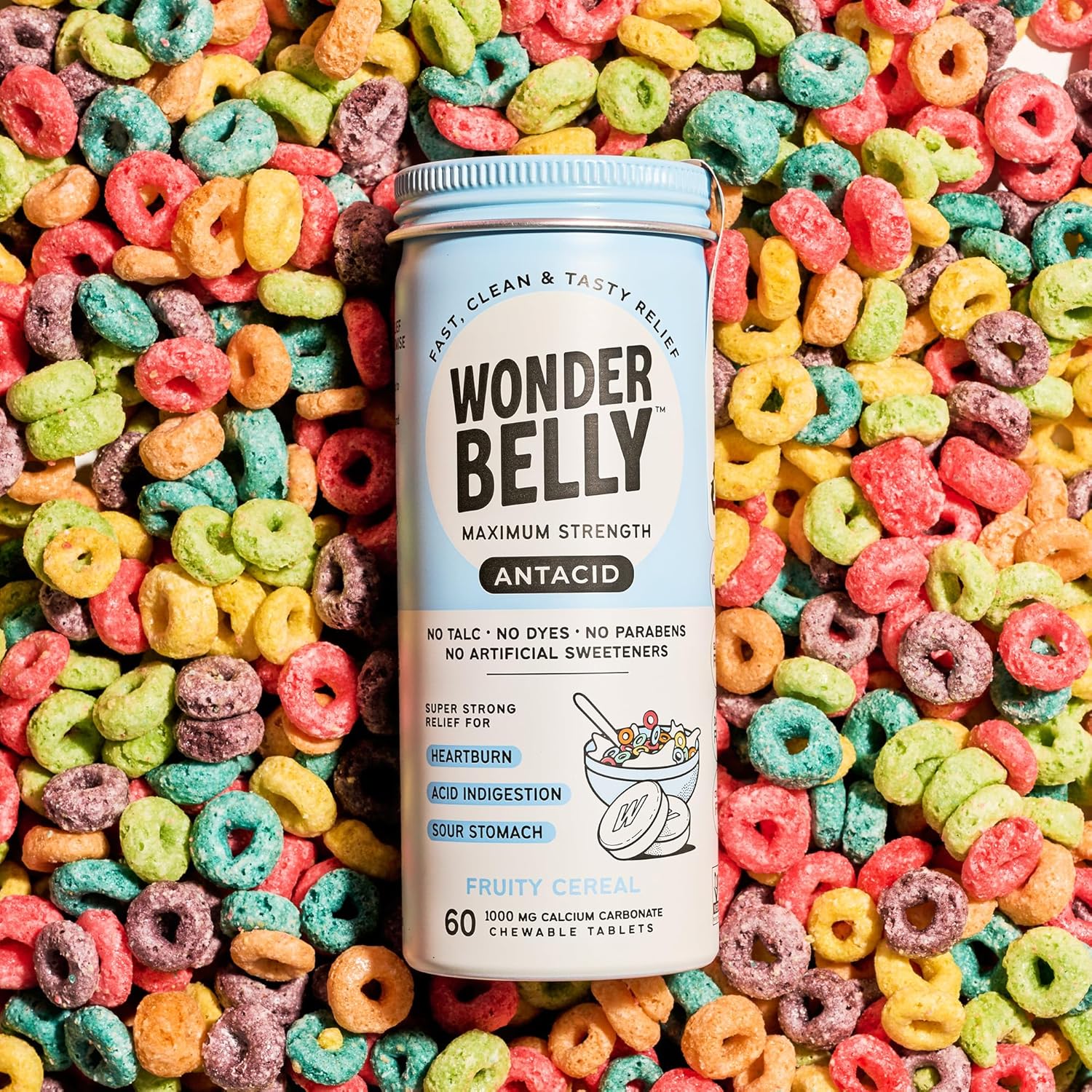 Wonderbelly Antacid, Effective Heartburn and Instant Acid Indigestion Relief, Extra Strength Chewable Tablets, 1000 mg Calcium Carbonate, No Talc or Dye, Fruity Cereal, 60 Count