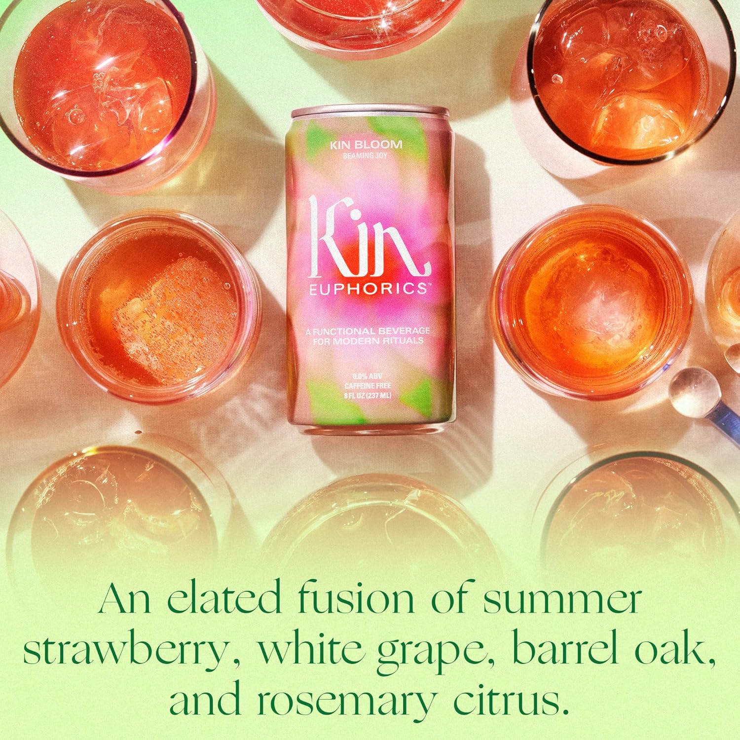 Kin Euphorics Kin Bloom Non-Alcoholic Functional Beverage | All day rosé | Elevate Your Mind & Spirit | Prebiotic | L-Theanine, Schisandra, Damiana | Ready to Drink | 8 Fl Oz (12pk)