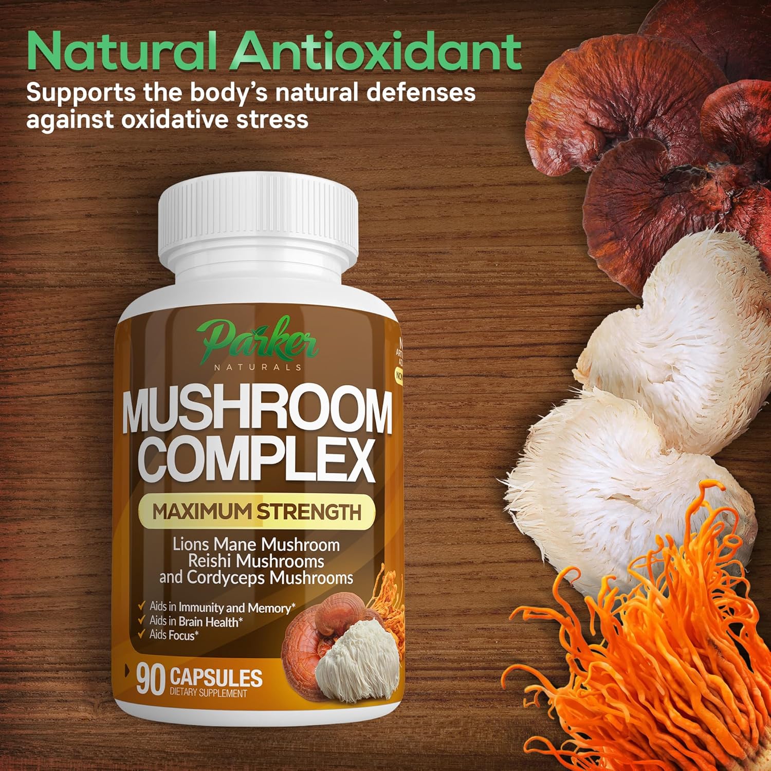 Mushroom Complex Capsules, Premium Lions Mane, Cordyceps, and Reishi Mushroom Supplement, Maximum Strength Organic Mushrooms Supplement, 90 Capsules